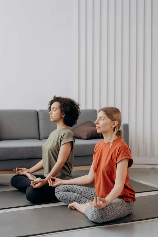 two women sitting on yoga mats in a living room, a colorized photo, trending on pexels, meditating in lotus position, plain background, sitting on couch, promotional image
