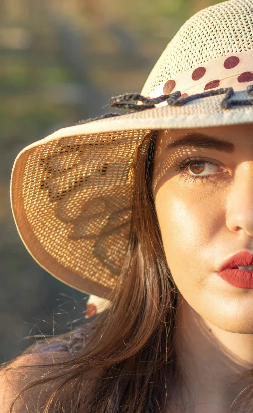 a close up of a person wearing a hat, by Carey Morris, evening sun, portrait of morana, scumbled, modelling