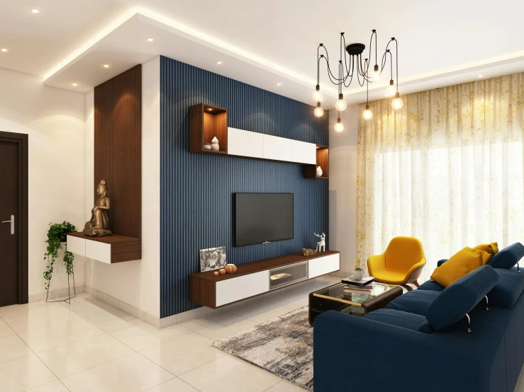a living room filled with furniture and a flat screen tv, a 3D render, pexels contest winner, blue and gold, complementary lighting, instagram post, laquer and steel