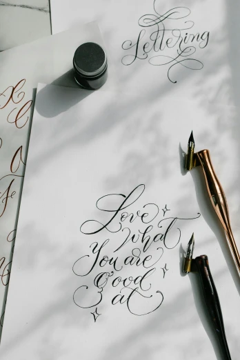 a close up of a piece of paper with writing on it, an ink drawing, by Ivana Kobilca, pexels, calligraphy, art set, ilustration, promotional image