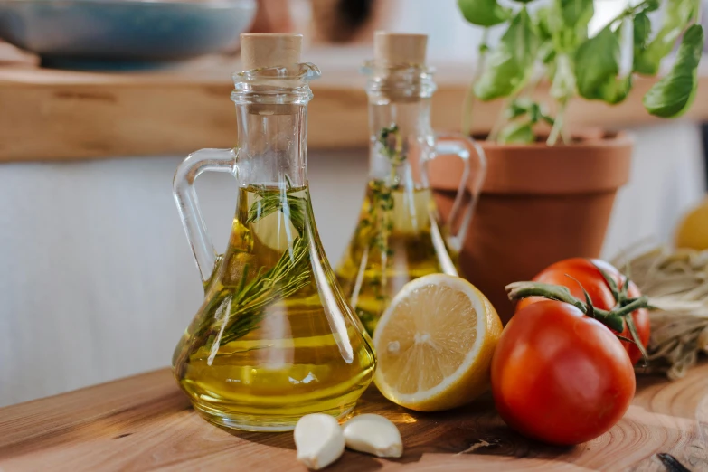 a wooden cutting board topped with a bottle of olive oil, pexels contest winner, inside a glass jar, mediterranean, thumbnail, potions