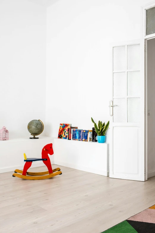 a child's room with a rocking horse in the corner, pexels contest winner, minimalism, 15081959 21121991 01012000 4k, big french door window, basic white background, small library