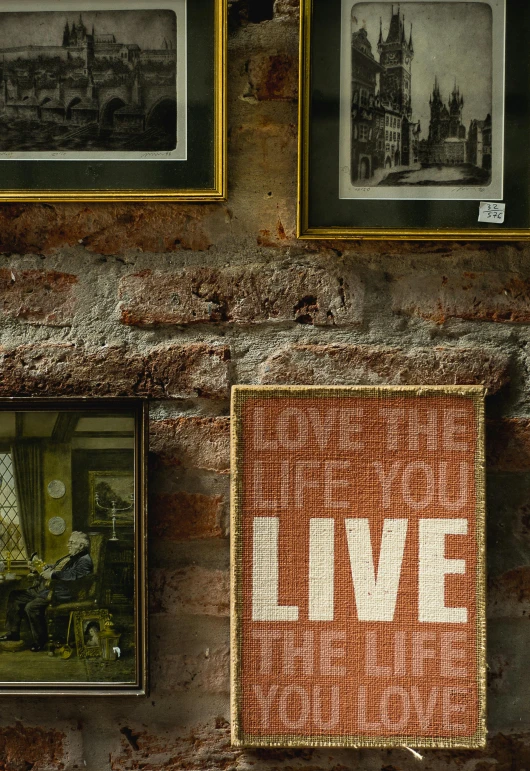 a bunch of pictures hanging on a brick wall, poster art, inspired by Pieter de Hooch, unsplash, folk art, old signs, living the good life, vintage revolution photograph, yolo