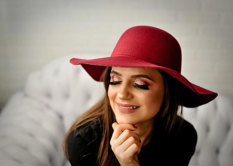 a beautiful young woman wearing a red hat, pexels contest winner, renaissance, professional makeup, happy girl, romanian, maroon red