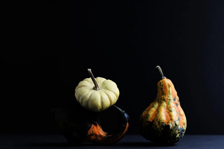 a couple of gourds sitting on top of a table, a still life, unsplash, studio medium format photograph, slide show, ignant, trio