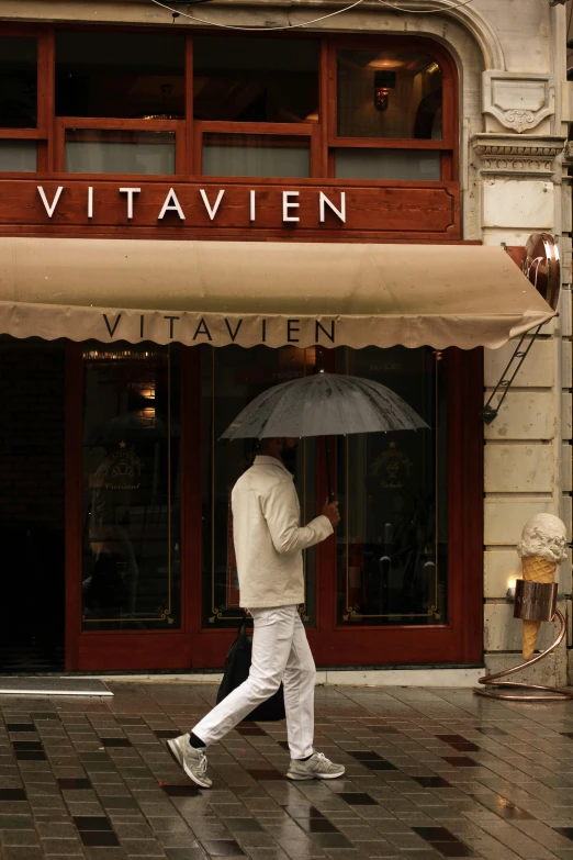 a man walking in the rain with an umbrella, an album cover, by Sebastian Vrancx, vanitas, michelin restaurant, streetview, ilya, exterior