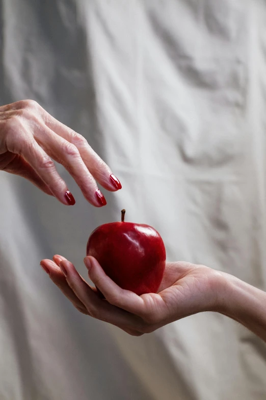 a person handing an apple to another person, an album cover, pexels contest winner, magic realism, pale snow white skin, 15081959 21121991 01012000 4k, in style of robert mapplethorpe, healthcare