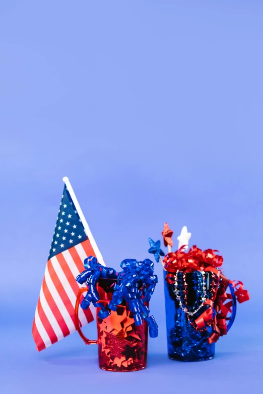 two vases filled with red, white and blue decorations, an album cover, unsplash, american romanticism, parade floats, usa-sep 20, digital image, 9/11