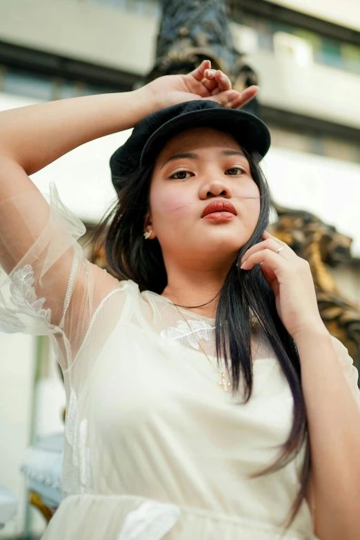 a woman in a white dress and a black hat, inspired by Ruth Jên, unsplash, realism, young cute wan asian face, slightly overweight, wearing a crop top, sheer