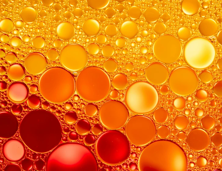 a bunch of bubbles floating on top of each other, a microscopic photo, by Jan Rustem, gradient red to yellow, detailed oil, petrol energy, suns