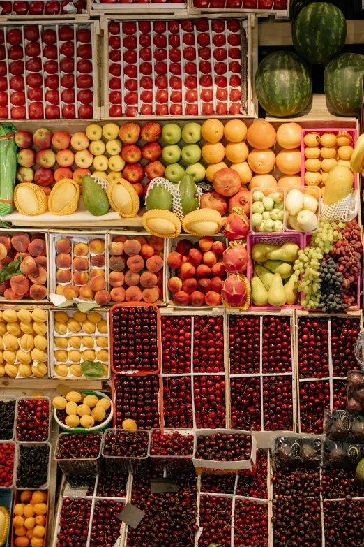 a fruit stand filled with lots of different types of fruits, photograph from above, square, full width, turkey