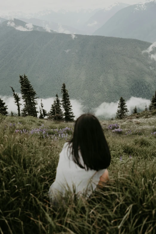 a woman sitting on top of a lush green hillside, a picture, trending on unsplash, alaska, back turned, low quality photo, girl with dark brown hair