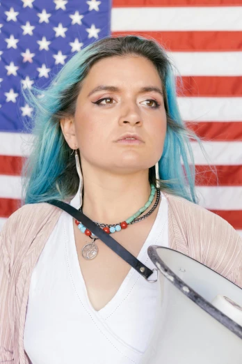 a woman with blue hair holding a tennis racket, by Winona Nelson, trending on reddit, wearing presidential band, wearing a native american choker, holding a white flag, ethan klein