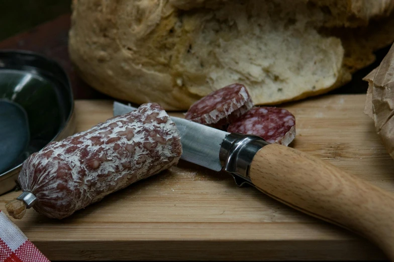 a knife sitting on top of a cutting board next to a loaf of bread, salami, holds a small knife in hand, wine-red and grey trim, with intricate detail