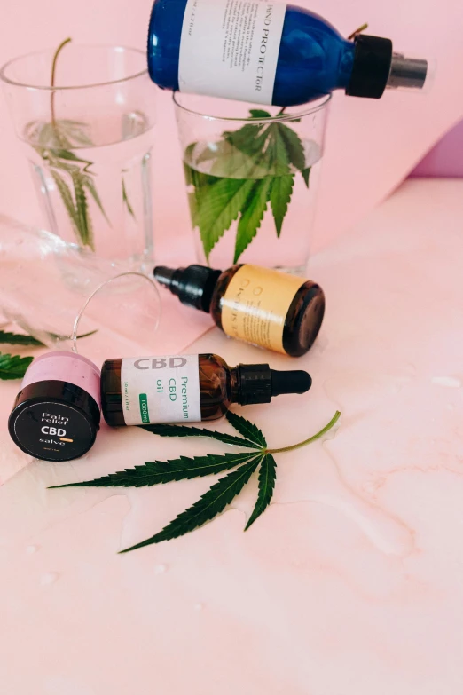 a bottle of cbd sitting on top of a table next to a glass of water, by Julia Pishtar, trending on pexels, renaissance, draped in pink and green robes, 4 cannabis pots, medical labels, thumbnail