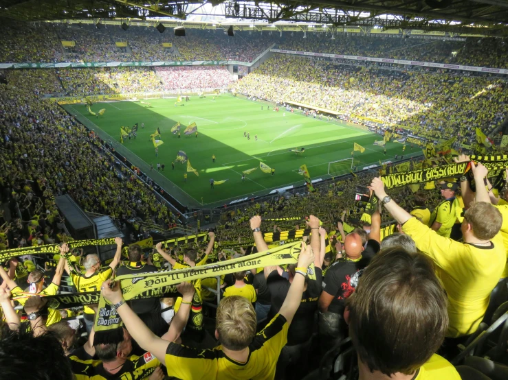 a large crowd of people at a soccer game, by Thomas Bock, pexels contest winner, happening, yellow skin, square, 🚿🗝📝