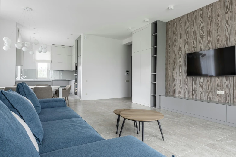 a living room filled with furniture and a flat screen tv, by Adam Marczyński, unsplash contest winner, minimalism, soft grey and blue natural light, big open floor 8 k, wood cabinets, thumbnail