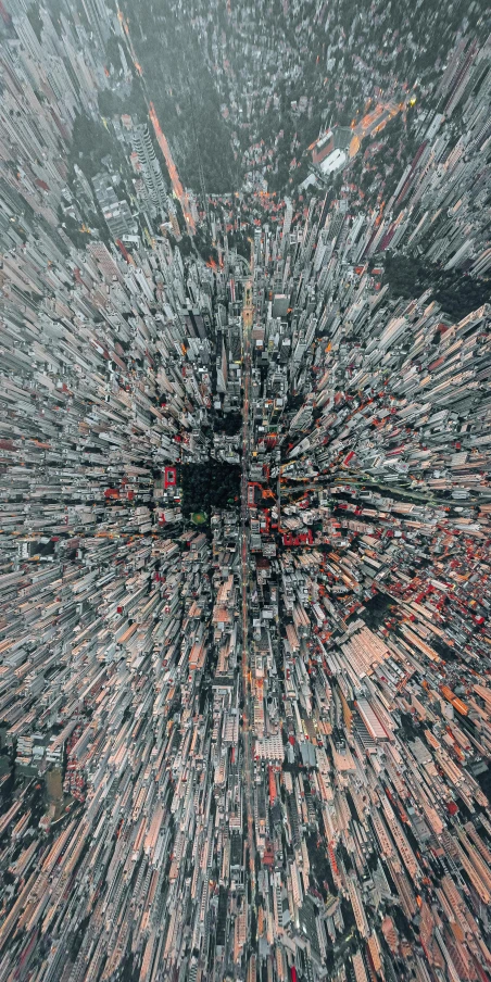 an aerial view of a city with lots of buildings, an album cover, by Adam Rex, unsplash contest winner, extreme detail resolution, new york city in the year 2100, perspective from below, mapbox