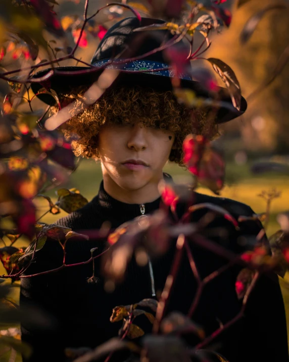 a close up of a person wearing a hat, an album cover, trending on pexels, vanitas, hair becoming autumn red leaves, attractive androgynous humanoid, curls on top of his head, in a tree