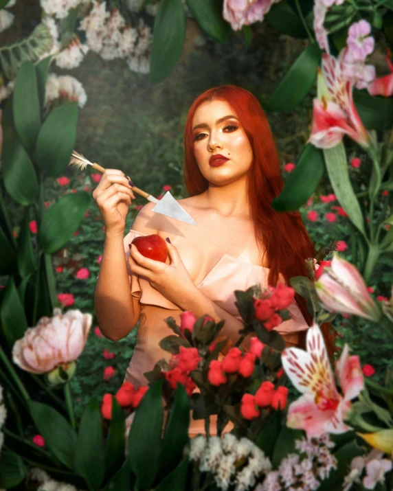 a woman eating an apple surrounded by flowers, an album cover, inspired by David LaChapelle, pexels contest winner, magic realism, better known as amouranth, holding a syringe, woman with red hair, low quality photo