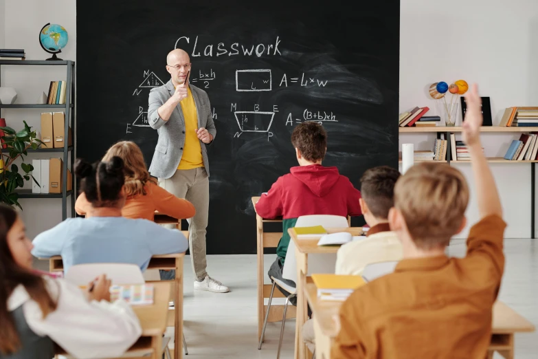 a man standing in front of a blackboard in a classroom, by Adam Marczyński, pexels, paris school, ricky berwick, a person standing in front of a, frank quitely, listing image