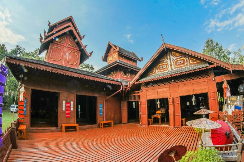 a person sitting on a bench in front of a building, thai architecture, avatar image