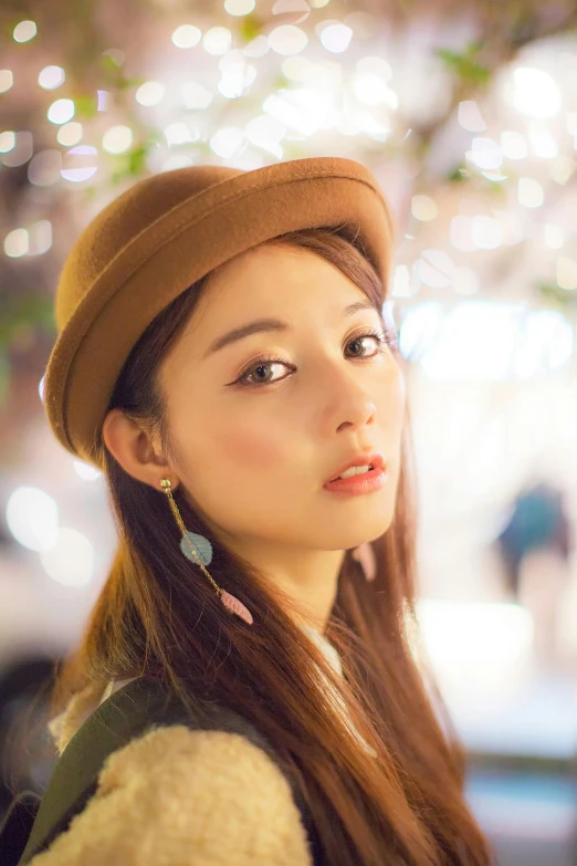 a woman with long brown hair wearing a brown hat, by Ai-Mitsu, instagram, shin hanga, けもの, side lights, wearing a beret, bright flare
