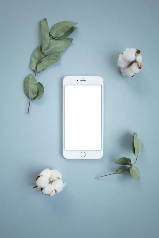 a cell phone sitting on top of a table next to cotton flowers, a picture, trending on pexels, minimalism, 2 5 6 x 2 5 6, microchip leaves, white soft leather model, 4k/8k