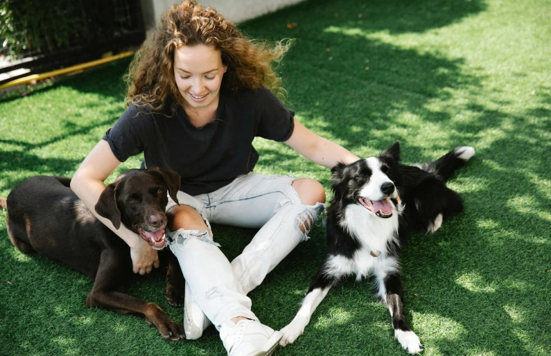 a woman sitting on the grass with three dogs, pexels contest winner, jen atkin, sydney park, thumbnail, brunettes