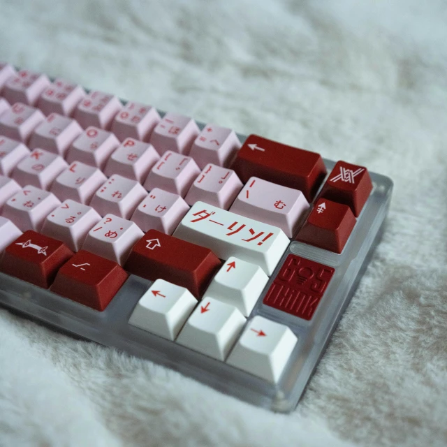 a close up of a red and white keyboard, a portrait, inspired by Okada Hanko, reddit, dau-al-set, sakura haruno, frosted, peach, fuji choco