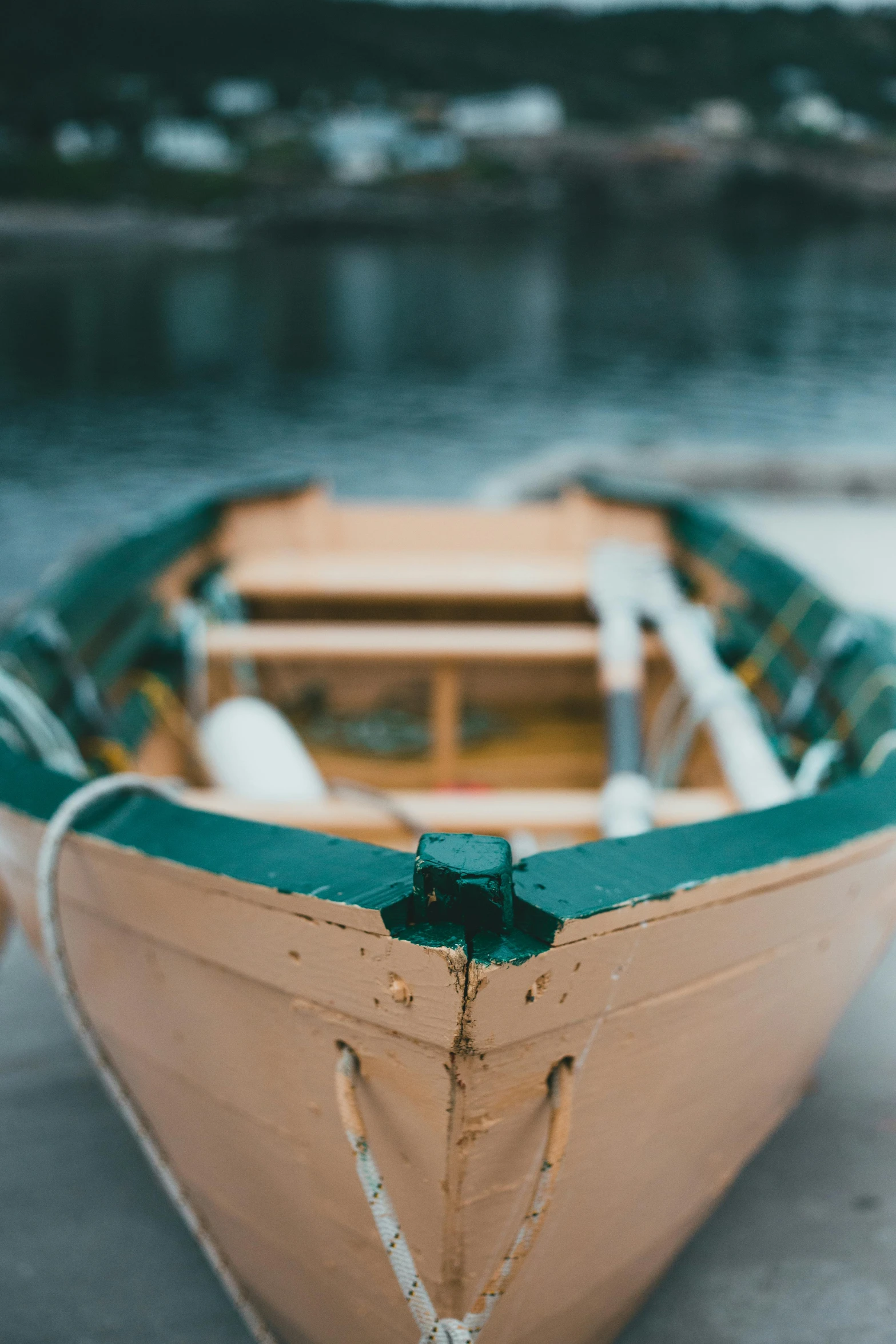 a boat sitting on top of a beach next to a body of water, a picture, trending on unsplash, minimalism, green and brown color palette, close up shot, dingy gym, on the bow