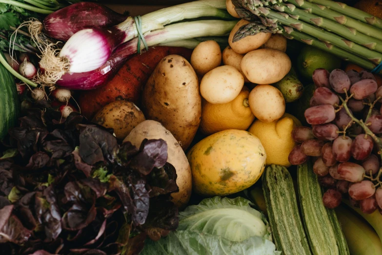 a box filled with lots of different types of fruits and vegetables, unsplash, renaissance, fan favorite, potato, lush greens, full body close-up shot