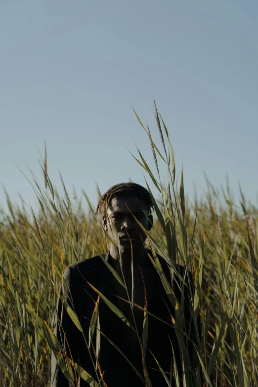 a man standing in a field of tall grass, an album cover, unsplash, adut akech, awardwinning movie still, ( ( theatrical ) ), marsh