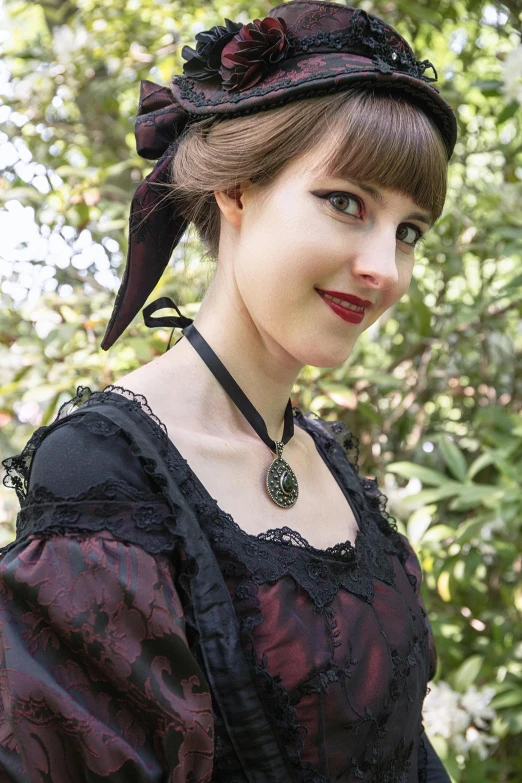 a woman in a victorian dress poses for a picture, a portrait, inspired by Eleanor Fortescue-Brickdale, neck zoomed in, steampunk setting, black choker necklace, official screenshot