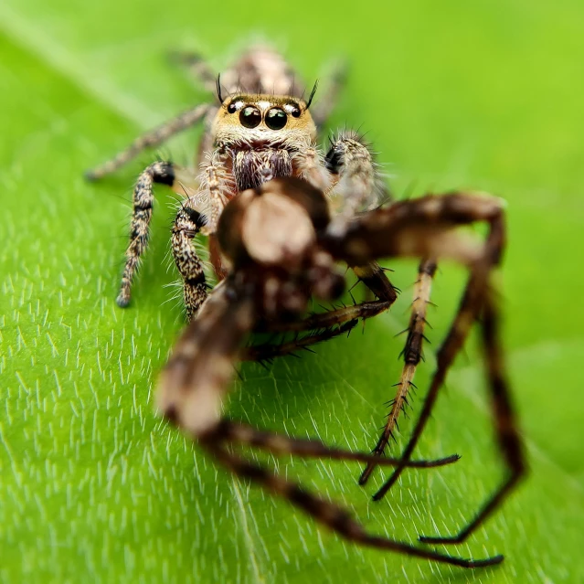 a close up of a spider on a leaf, pexels contest winner, hurufiyya, jumping spider mixed with owl, young male, hyperdetailed!, grey