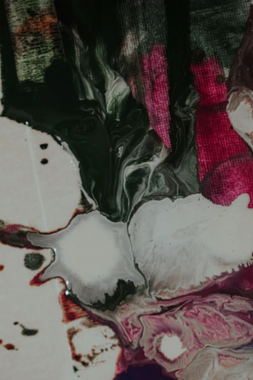 a little girl laying on top of a bed next to a teddy bear, an abstract painting, inspired by Julian Schnabel, trending on pexels, abstract expressionism, marbled veins, dark red and black color palette, closeup of face melting, 144x144 canvas