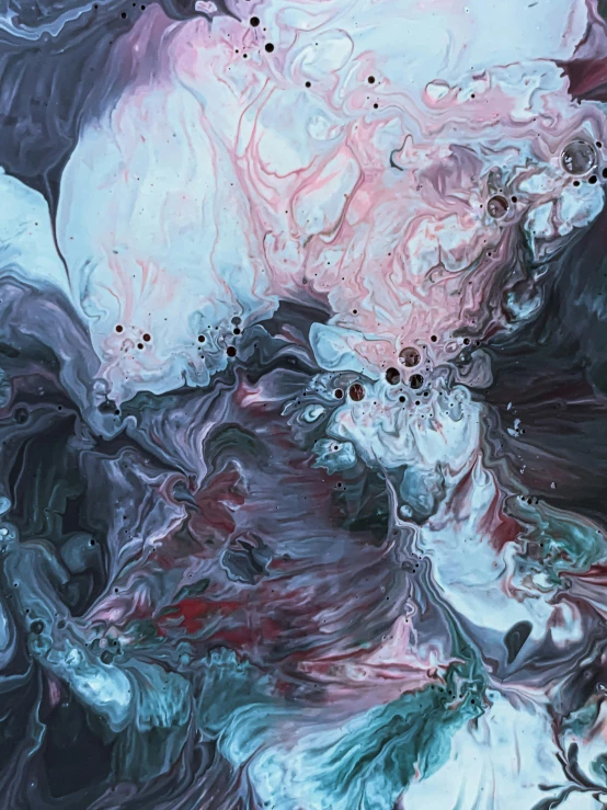 a close up of a painting on a wall, inspired by Yanjun Cheng, unsplash, metaphysical painting, intricate fluid details, moody colors, flowing milk, album cover