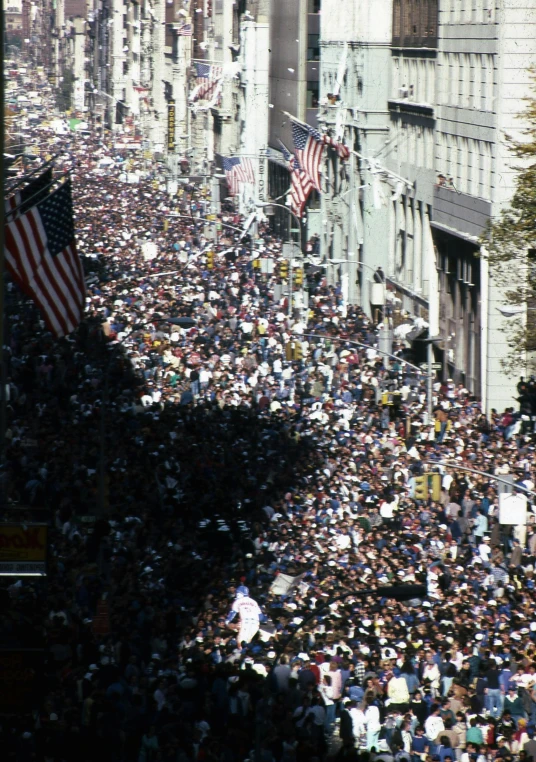 a large crowd of people walking down a street, trending on reddit, in 1 9 9 5, patriotism, slide show, wall street