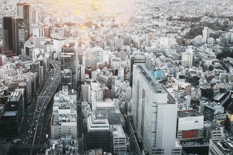 a view of a city from the top of a building, pexels contest winner, trending in japan, white pale concrete city, hyperdetailed, sundown