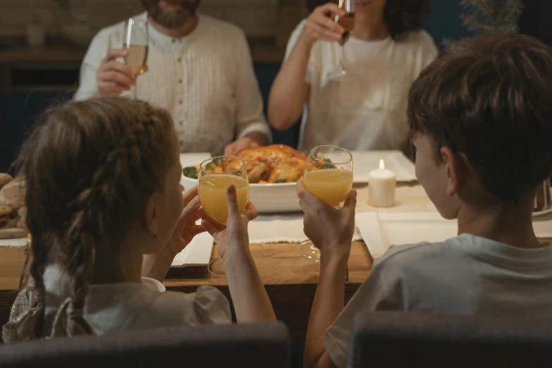 a group of people sitting around a table with drinks, family dinner, promotional image, medium close up shot, profile image