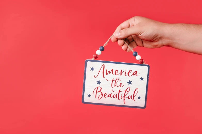 a hand holding a sign that says america the beautiful, ultra detailed wire decoration, brilliantly coloured, full product shot, young beautiful