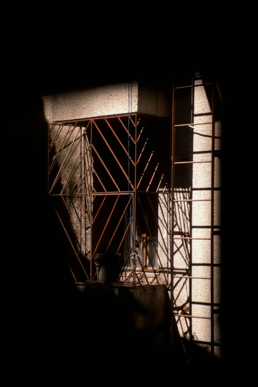 a black and white photo of a window with scaffolding, a digital rendering, inspired by Elsa Bleda, conceptual art, reflections in copper, dark scene with dim light, 1984, section model