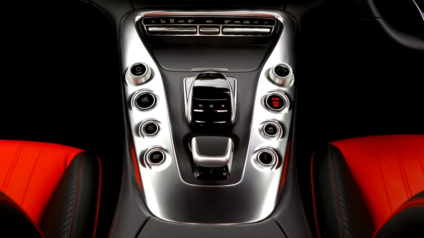 a close up of the center console of a car, by David Donaldson, pexels, les automatistes, silver white gold red details, prototype car, thumbnail, liquid metal