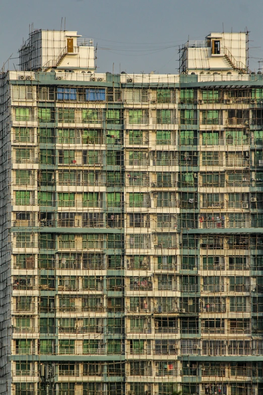 a tall building with lots of windows next to a body of water, a portrait, inspired by Andreas Gursky, renaissance, hashima island, large green glass windows, single panel, 303