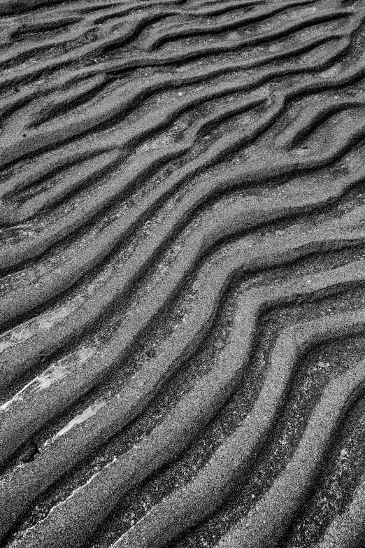 a black and white photo of waves in the sand, a stipple, inspired by Edward Weston, unsplash, land art, square lines, melting in coral pattern, concrete ), vibrant patterns