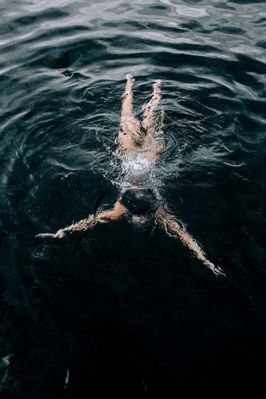 a person swimming in a body of water, dark waters, top down shot, shot with sony alpha 1 camera, traverse