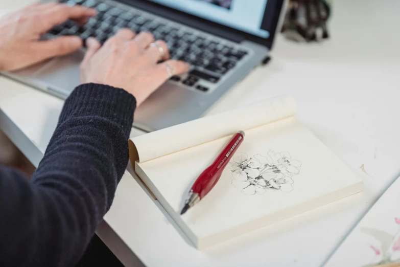 a person sitting at a desk working on a laptop, a drawing, inspired by Kikuchi Yōsai, pexels contest winner, pen on white paper, silver and crimson ink, holding notebook, fine pen