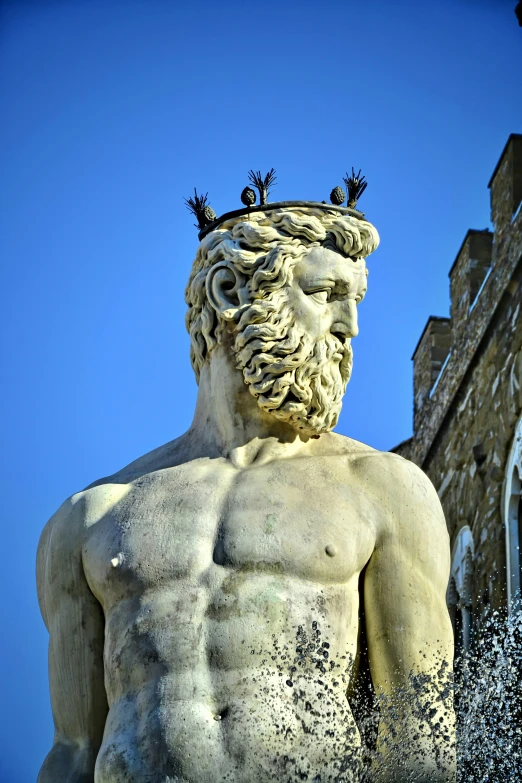 a statue of a man with a crown on his head, a statue, inspired by Hercules Seghers, pexels contest winner, mannerism, chest hair, square, standing on neptune, italy