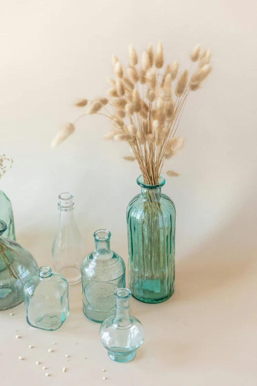 a group of vases sitting on top of a table, trending on pexels, soft green natural light, glass bottle, miniature product photo, cyan