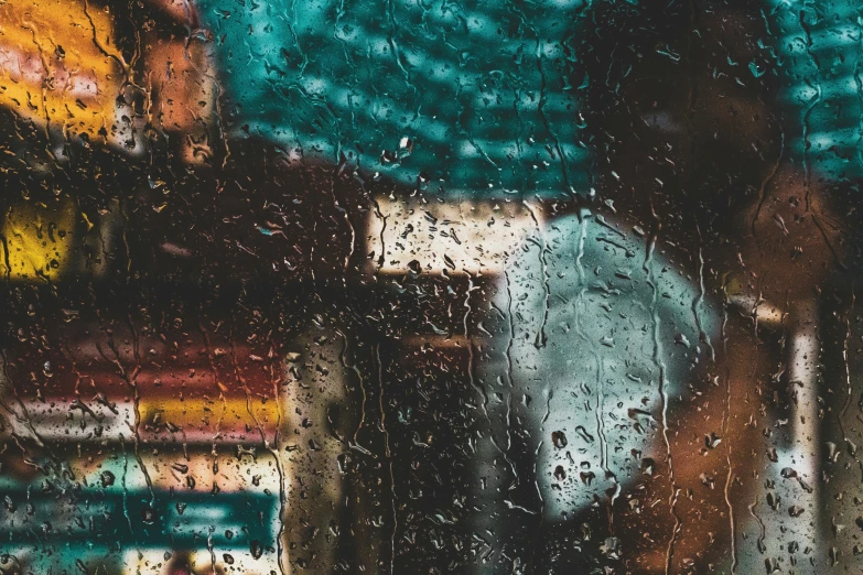 a man standing in front of a window covered in rain, a picture, inspired by Elsa Bleda, trending on unsplash, visual art, wet reflections in square eyes, copper and deep teal mood, “gas station photography, blurred background